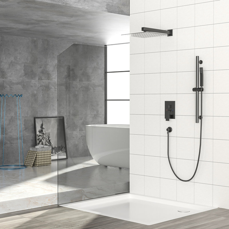 Système de douche carré noir mat avec pluie de 12 pouces - fixation murale, barre coulissante réglable et fonction facile à nettoyer, valve intégrée, double fonction