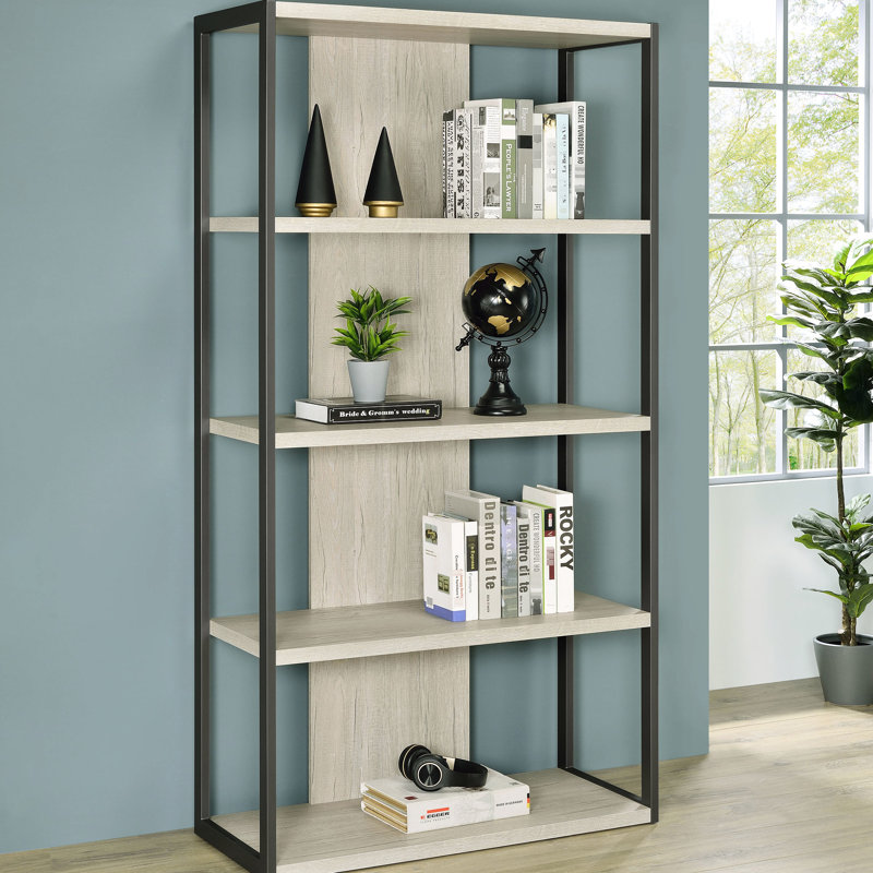 Bibliothèque à 4 tablettes de couleur grise délavée, cadre ouvert haut, fonctionnel et élégant pour l'organisation de la décoration d'une maison moderne