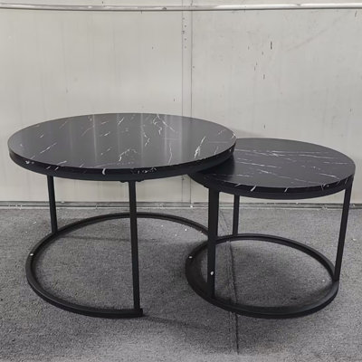 Nesting Coffee Table Set Of 2, 27.6Inch Round Coffee Table Wood Marble Pattern Top With Sturdy Metal Frame, End Table Side Tables, End Table