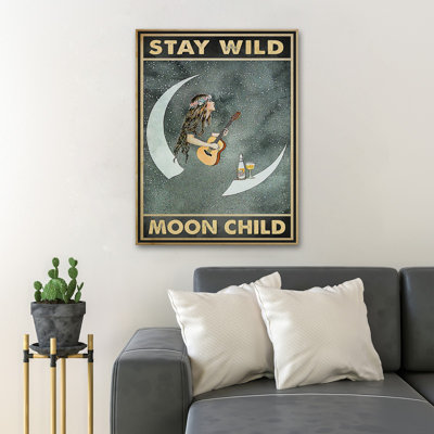 Girl Playing Guitar On The Moon - Stay Wild Moon Child Gallery Wrapped Canvas - Music Illustration Decor, Grey Living Room Decor