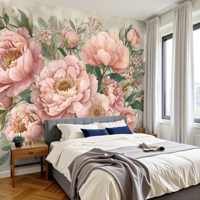 Peel and Stick Elegant Peony Bloom, peinture à l'aquarelle, rosé, dégradés, peintures murales, papier peint amovible en PVC, H 100 po x l 144 po, pour chambre à coucher, bureau à domicile