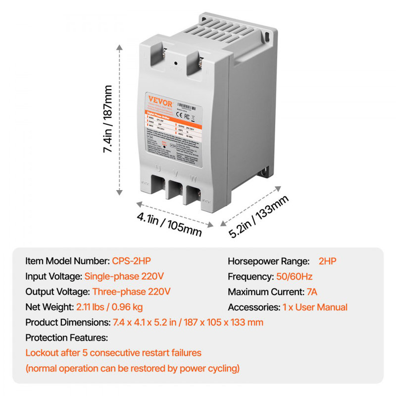 Convertisseur triphasé 2HP 7A 220V monophasé à 3V 220V entrée / sortie