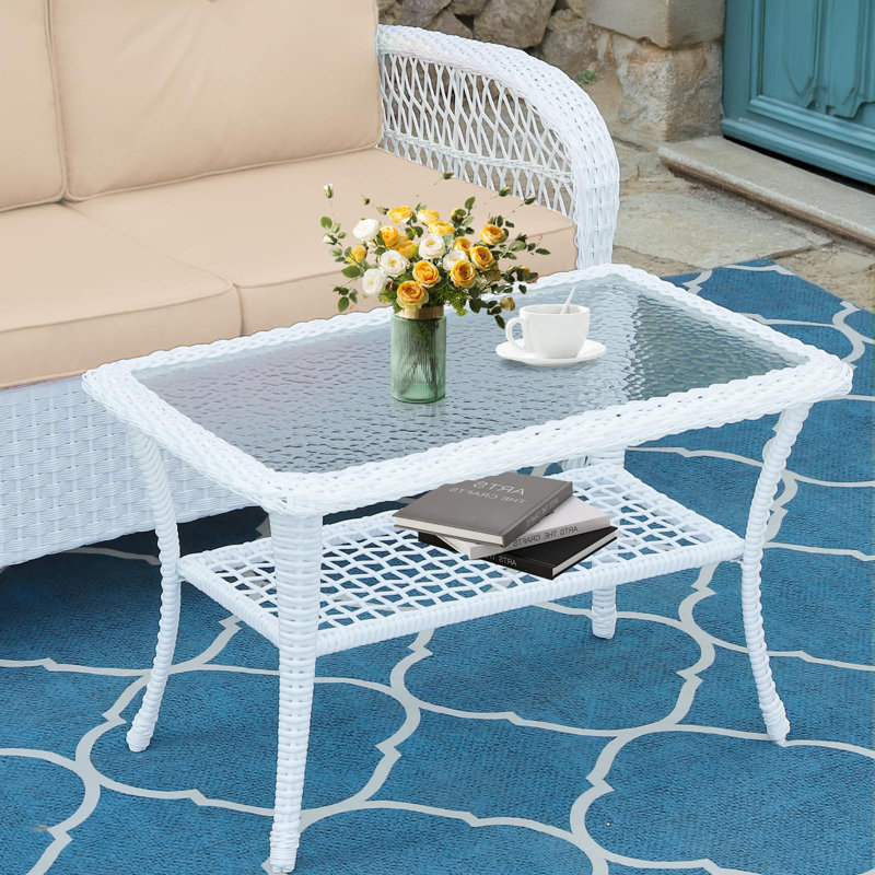  Outdoor Wicker Coffee Table, All-Weather Rattan Patio Coffee Table With 2-Tier Storage, Tempered Glass Top Rectangle Center Table For Deck, Garden, Balcony, Porch, Indoor Or Outdoor Use