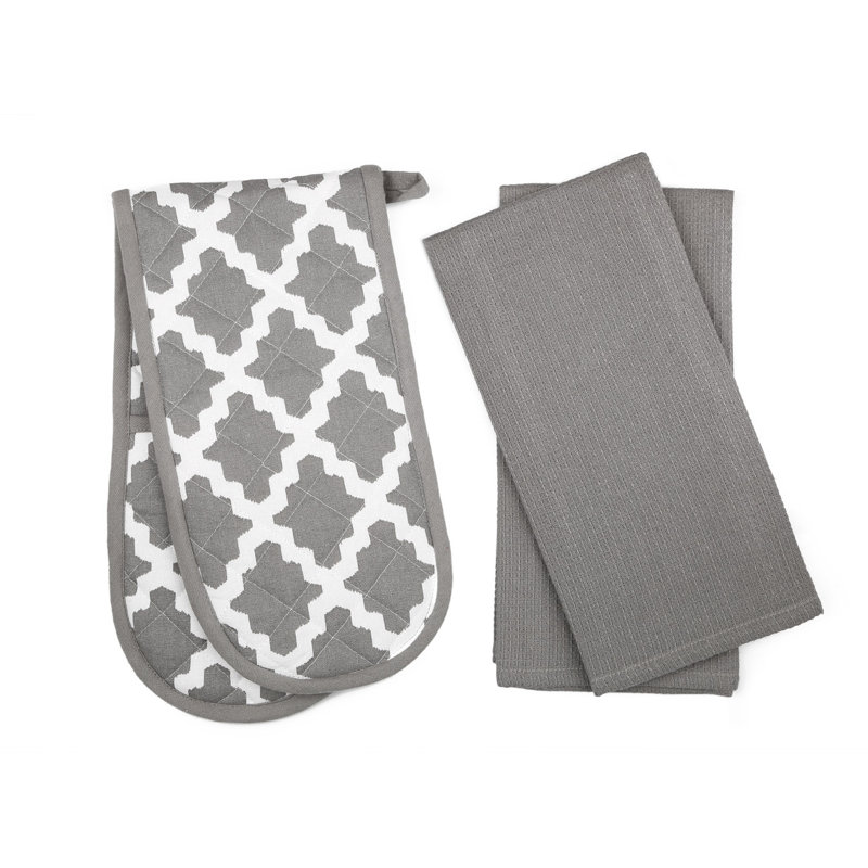 Brambly Cottage Striped Potholder & Oven Mitt Set, Grey Diamond Print