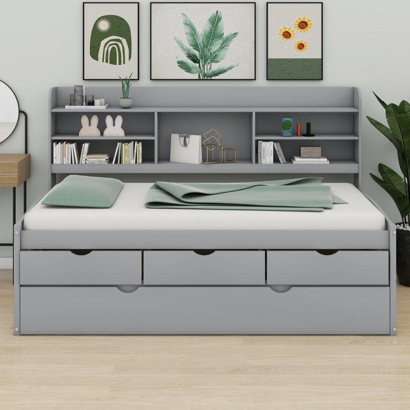 Lit capitaine en bois avec tablettes intégrées, Gris