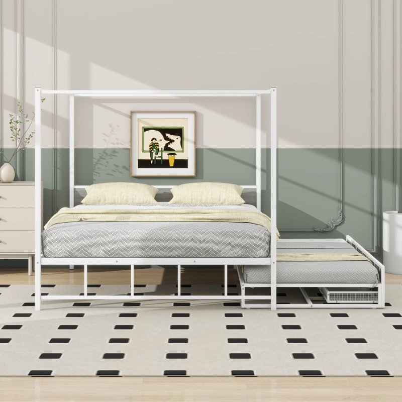 Emenie Queen Size Metal Canopy Platform Bed with Twin Size Trundle and 3 Drawers, White