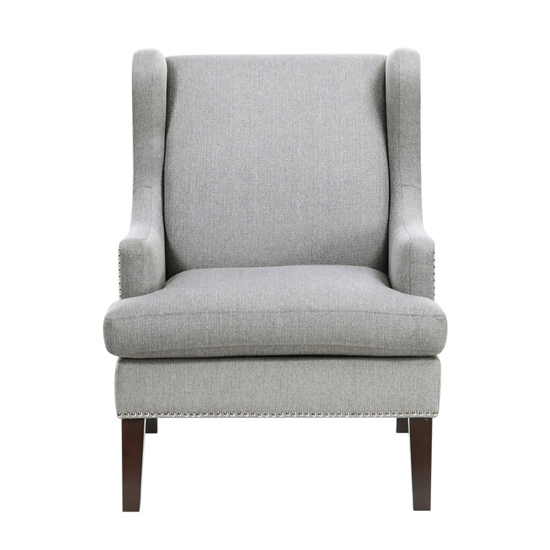 Chaise d'appoint texturée grise, mobilier de salon, siège en mousse, revêtement des pieds bruns, hauteur de siège de 20 po