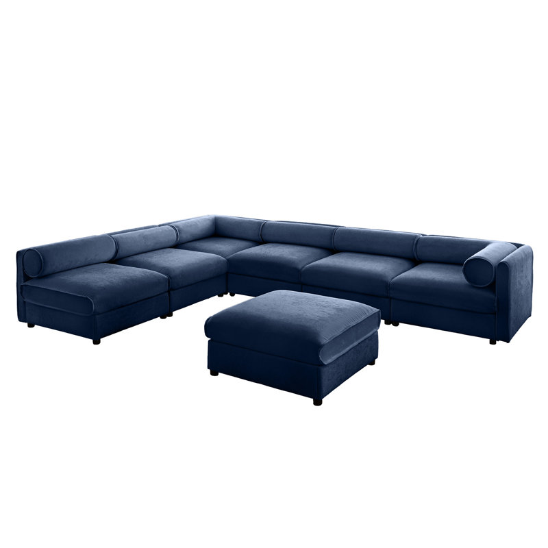 Salon moderne avec rangement, tissu chenille bleu, 6 pièces, Design cylindrique contemporain 6 pièces, chenille, ergonomique