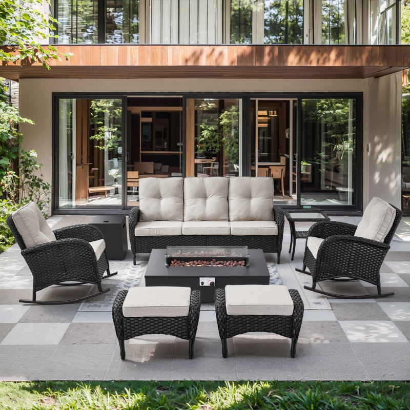 Esquer 7-Piece Outdoor Wicker Nighttime Conversation Set With Rocking Chairs, Ottomans And Fire Pit Table, Beige, Black