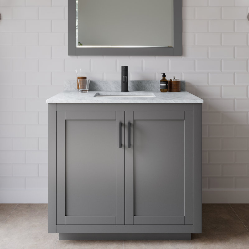 Ensemble de meuble-lavabo simple 36 po avec plateau en marbre Miranda, Gris foncé, Noir mat
