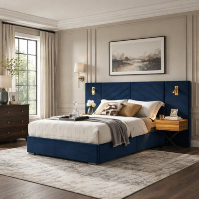 Queen Size Velvet Bed Frame/Vertical Channel Tufted Wingback Headboard/Upholstered Platform Bed/Strong Wooden Slats/No Box Spring Needed/Easy Assemblyroyal Blue