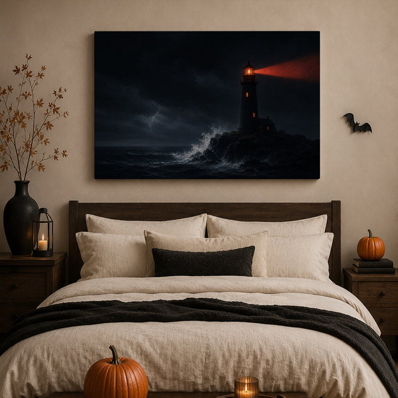 Art sur toile, "Phare avec poutre rouge au-dessus de l'océan orageux", H 16 po x l 24 po