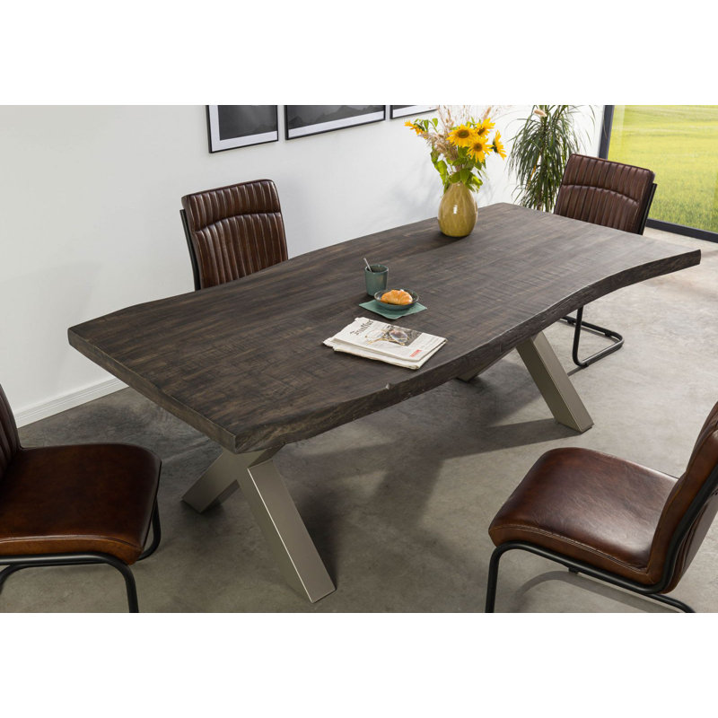 Solid Wood Top Metal Base Dining Table, 77 cm H x 220 cm L x 100 cm D, Silver, Grey