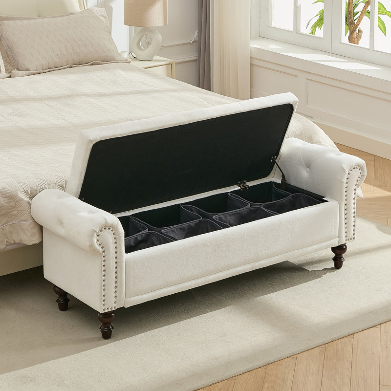 Upholstered Storage Bench With Segmented Storage Compartments, Cream White Velvet, 20.8" H x 58.1" W x 18.7" D