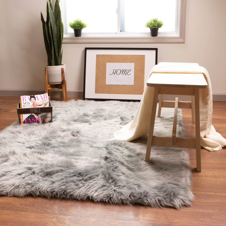Diller Gray Faux Sheepskin Fur Machine Washable Shag Fluffy Area Rug