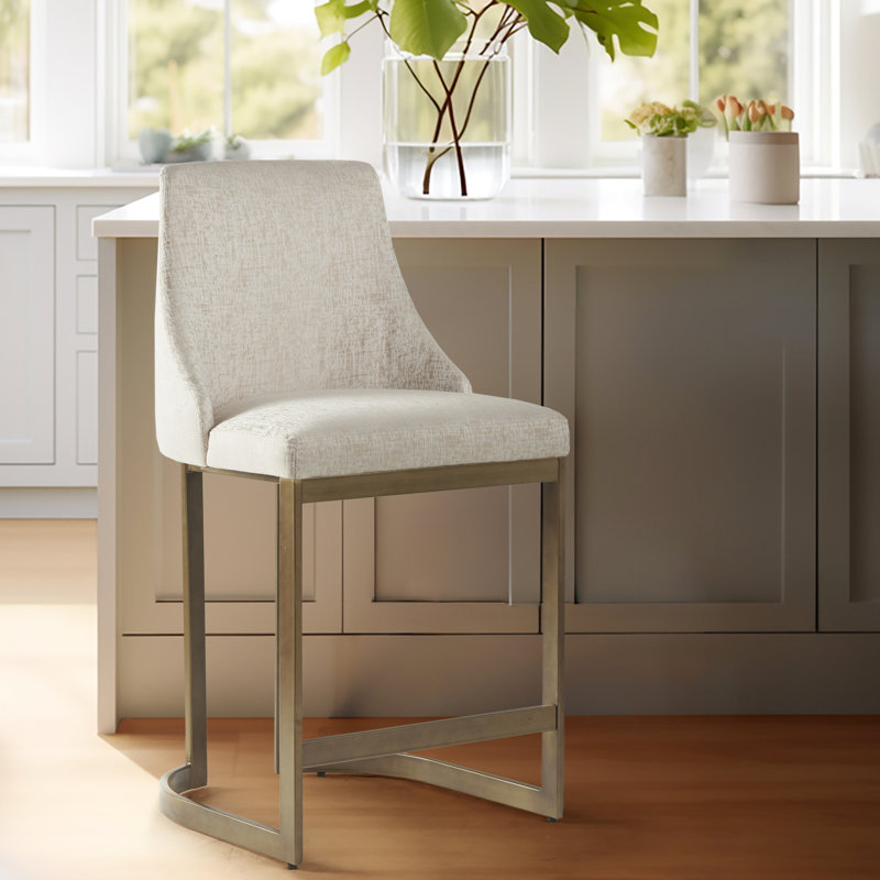 Tabouret de comptoir rembourré de 26 po de hauteur avec base en métal - Élément décoratif de cuisine moderne, accoudoirs courbés et dossier arrondi, rembourrage en mousse à haute densité, finition or antique, patins réglables