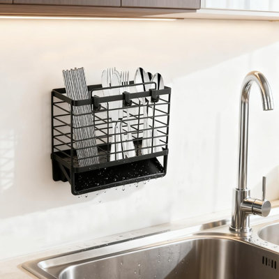 3-Compartment Dish Drying Rack for Kitchen, Carbon Steel Utensil Holder with Drain Tray, Utensil Caddy Organizer for Knives, Forks, Spoons, Chopsticks