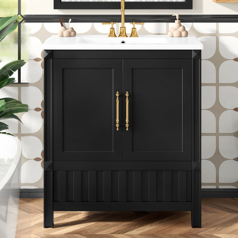 30-Inch Black Bathroom Vanity With Sink, Storage Cabinet, Drawers, And Shelves