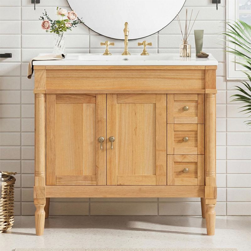 Meuble-lavabo de salle de bain avec lavabo en céramique, Bois - 36 po