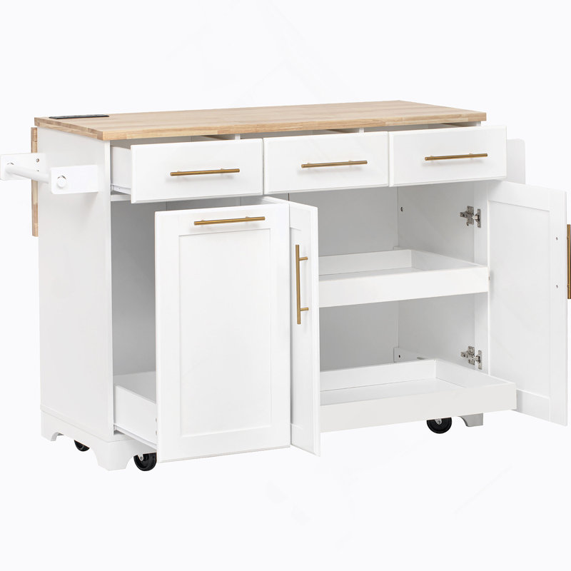 Rolling Kitchen Island With Drop Leaf Countertop, Pull-Out Trash Cabinet, Dual Organizers, Built-In Power Outlets, Spice And Towel Racks, And Rubber Wood Surface For Flexible Cooking And Storage.