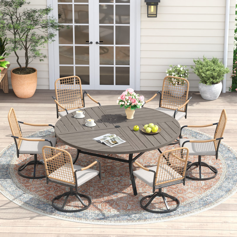 Ensemble repas extérieur pour 6 personnes 53 po avec chaises pivotantes en rotin, Brush Wood Gray