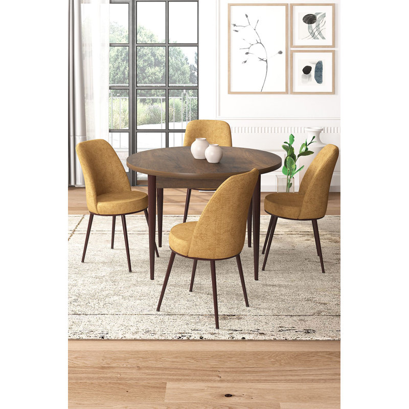 Ensemble de table et chaises de salle à manger moderne 5 pièces, blanc et cappuccino, table 35,4 x 29,5 x 35,4 pouces | Pieds en métal, panneau de particules 100% mélaminé | Chaises confortables en tissu Jerry, idéales pour les espaces de salle à manger élégants