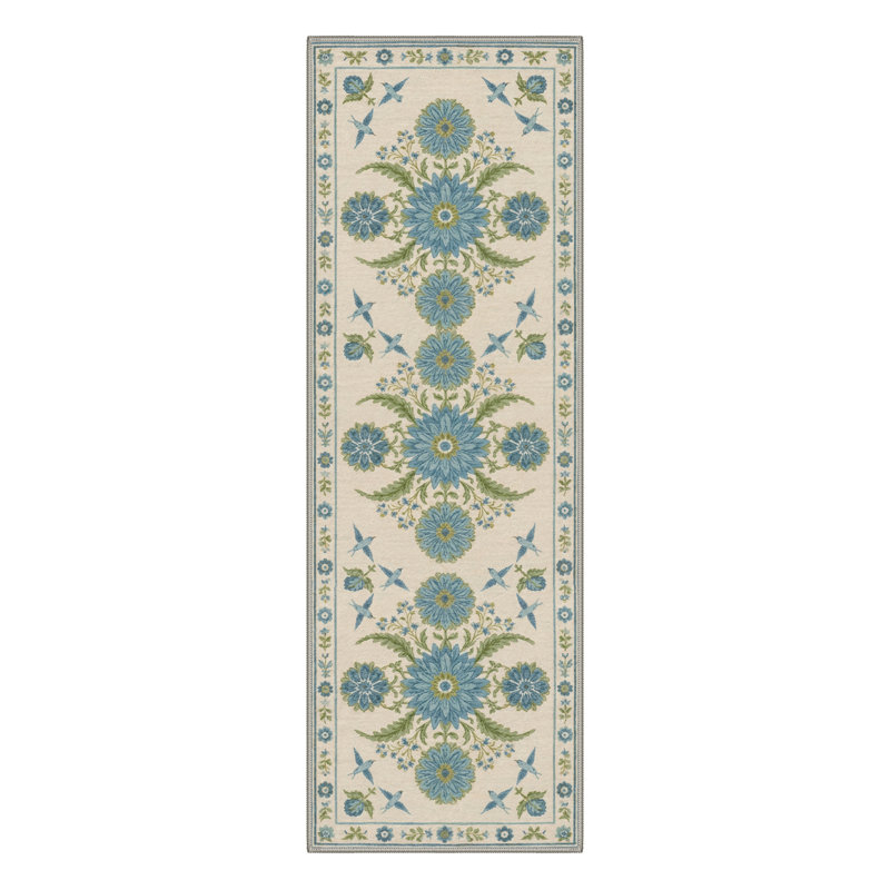 Aura Floral Machine Washable Blue / Beige / Green Indoor Area Rug with Non-Slip Backing, Runner 2' x 6'