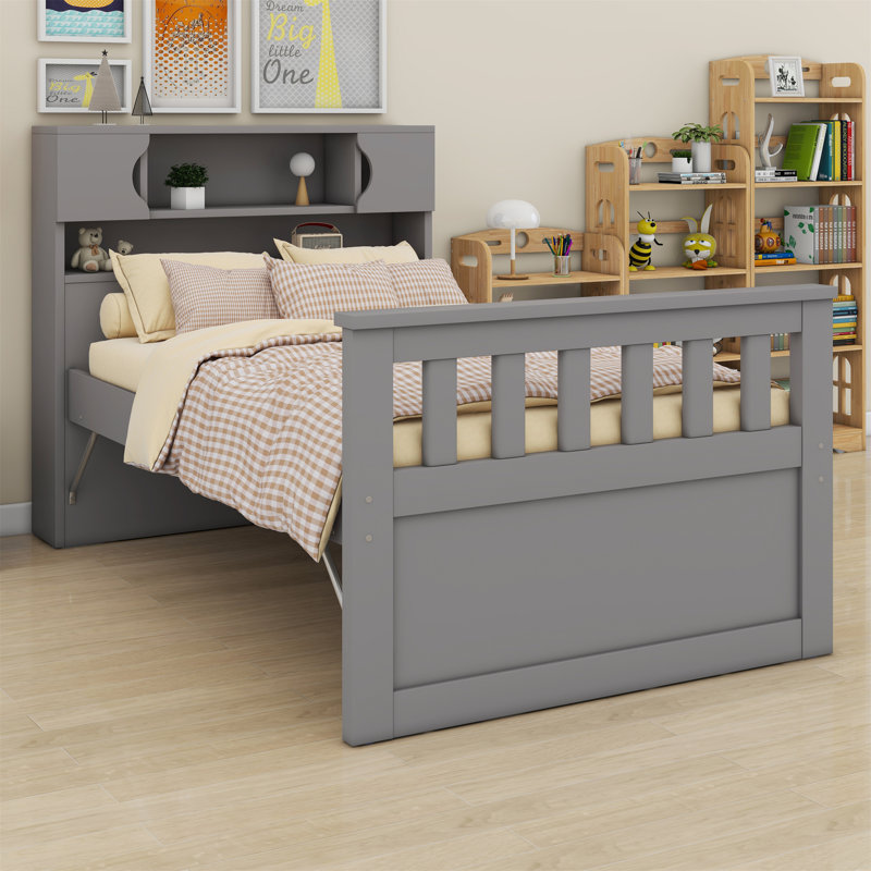 Platform Bed Frame With Storage Bookcases,Shelves And Drawers, Grey