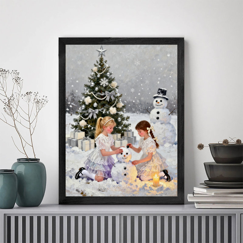 Filles de Noël rétro encadrées noires jouant et gambadant des impressions encadrées de style rétro, H 11 po x l 9 po