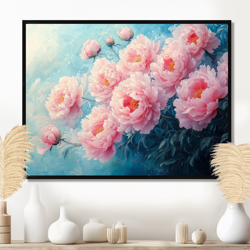Rose, rêve de pivoines I - pivoines, art mural, H 12 po x l 20 po, Cadre flottant noir