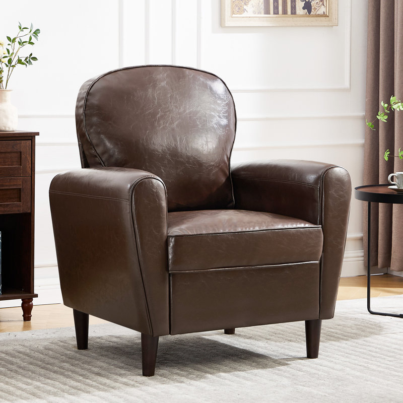Fauteuil rembourré à dossier large avec pieds en bois massif et finition luxueuse en similicuir, Brun