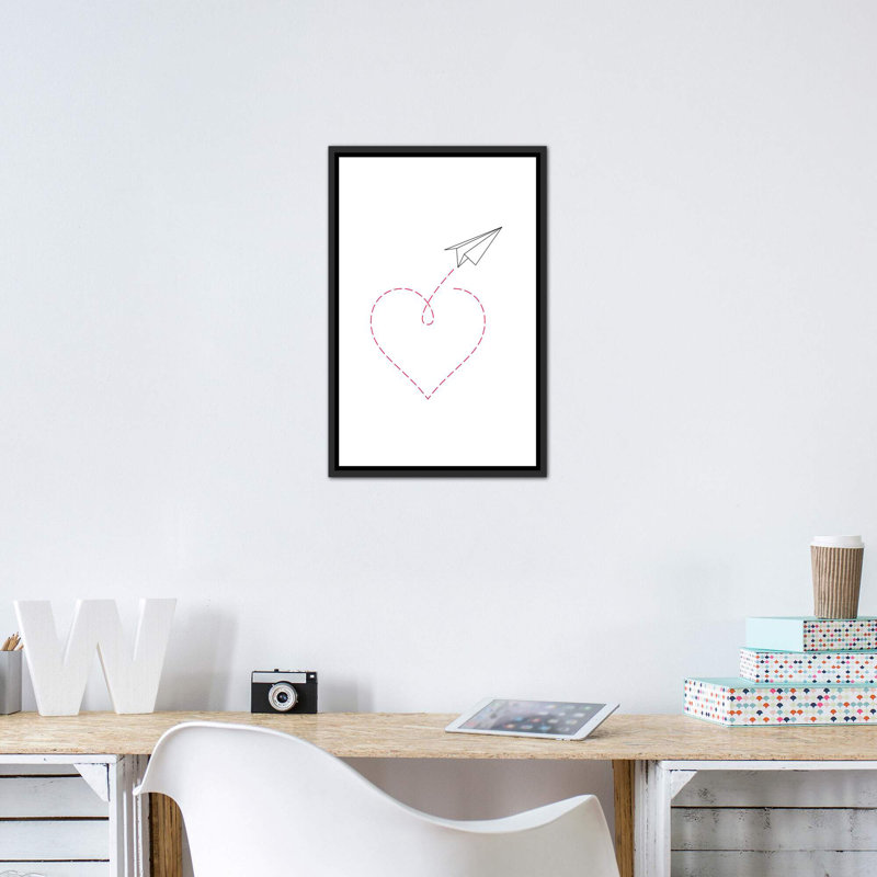«Paper Plane & Heart I», reproduction d'impression, Pas de tapis, Toile à cadre patiné noir, H 26 po x l 18 po x P 1,5 po