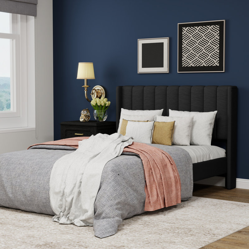 Upholstered Wingback Platform Bed, Full, Black