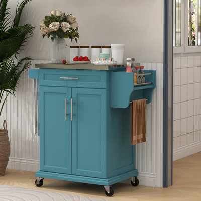 Îlot de cuisine sur roulettes, chariot de cuisine roulant avec comptoir en acier inoxydable, tiroir, porte-serviettes et porte-épices, chariot de rangement utilitaire