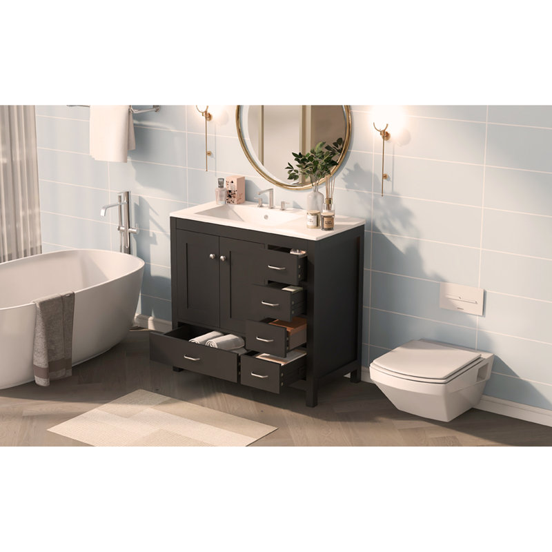 Ensemble de meuble-lavabo noir 36 po avec lavabo en céramique 36 po - 2 portes à fermeture douce et 5 tiroirs