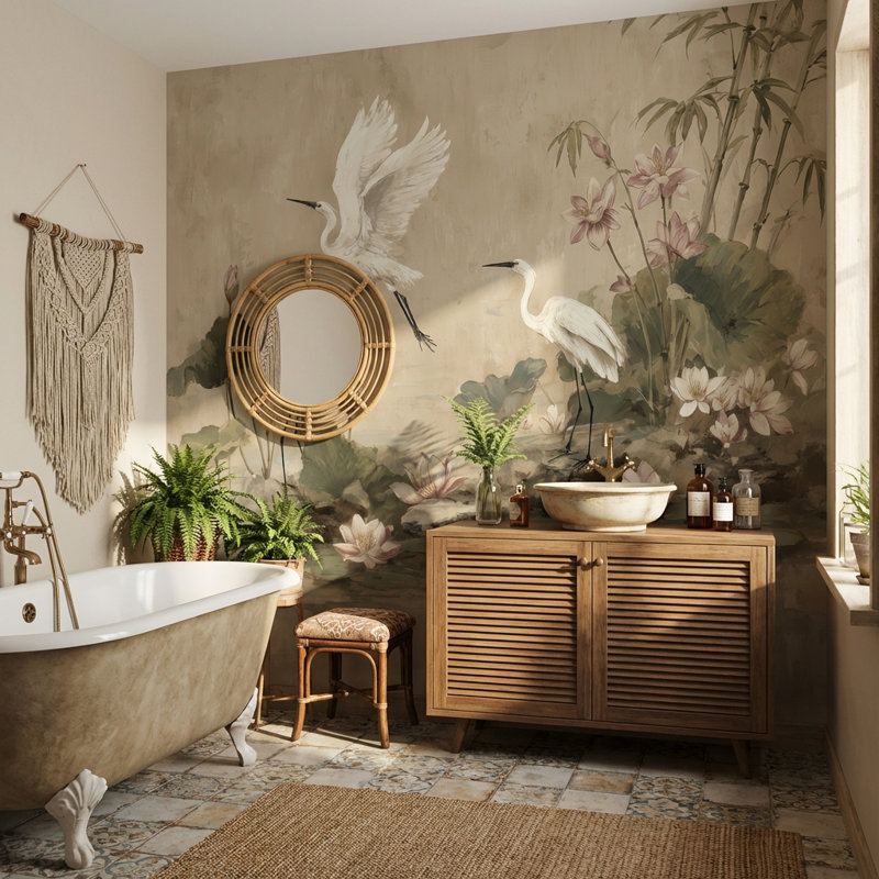 Rouleau double mural en bambou amovible Egrets, Non tissé, 140 po x 108 po