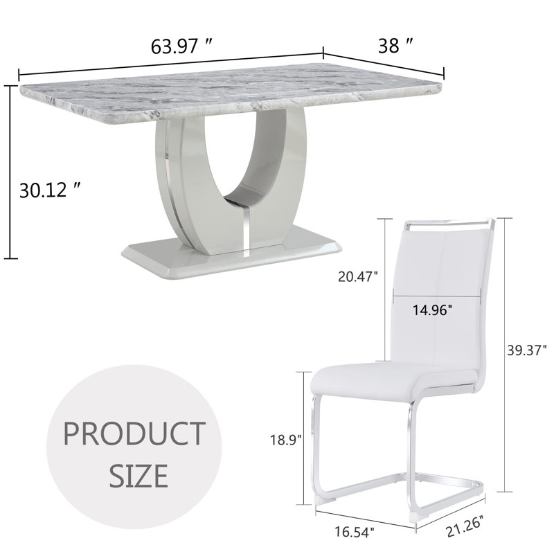 Ensemble de table de salle à manger 7 pièces en marbre, Blanc / argenté