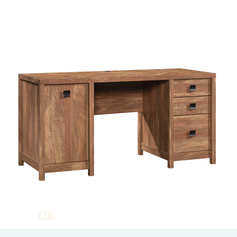 Bureau d'ordinateur spacieux à finition brune avec dessus à chevrons et rangement organisé pour les bureaux à domicile modernes
