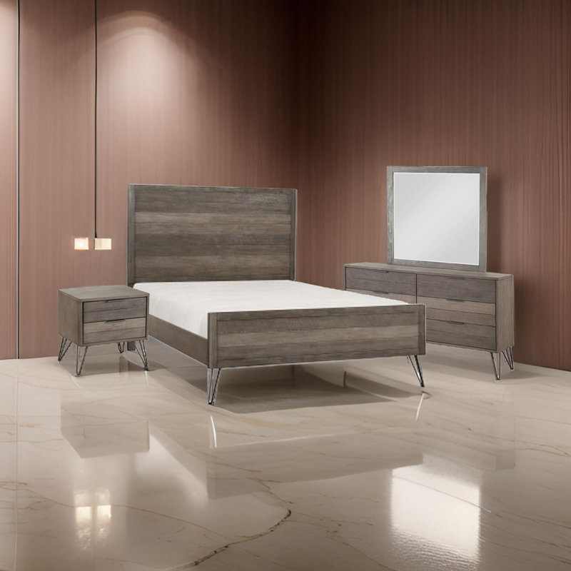 Aile 4 Pc Queen Size Bedroom Set, Horizontal Slat Design, Rustic Brown