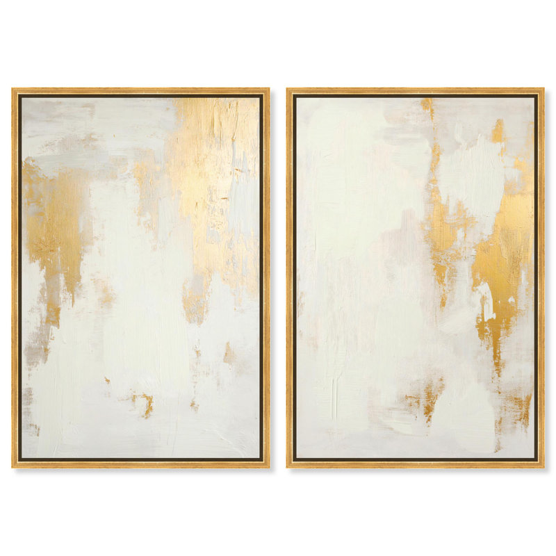 «Golden Luxe», ensemble de duos abstraits sur toile, art abstrait neutre par Art Remedy, H 37 po x l 25 po, Cadre doré