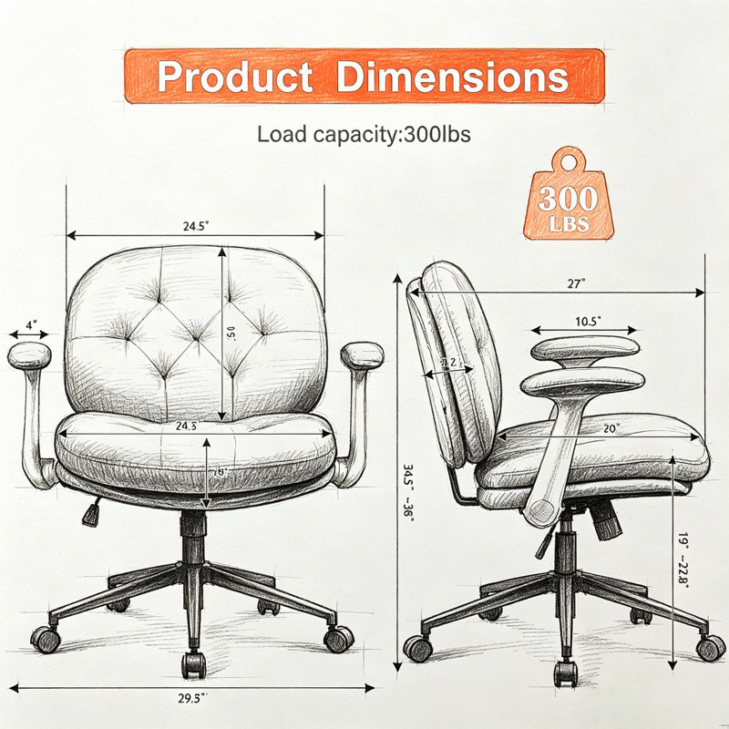 Chaise de bureau confortable en tissu capitonné Comfy, chaise de bureau pivotante réglable avec accoudoirs rabattables, siège large et fonction d'inclinaison pour la maison, la coiffeuse et le bureau