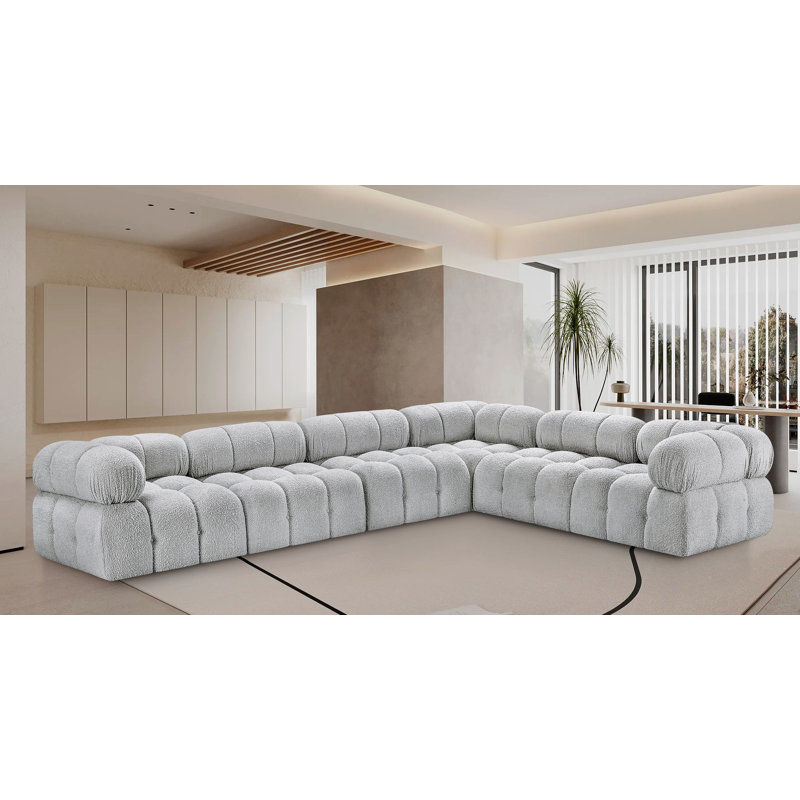 Canapé Ames, Tissu gris bouclé, 3 sans accoudoirs, 3 en coin