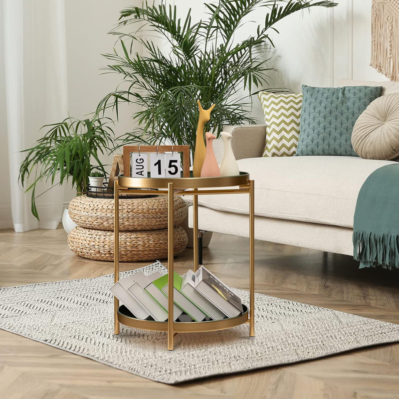 2 Tier Side Table, Folding Round Metal End Table Small Nightstand With Two Removable Tray For Bedroom Living Room Bedside Small Spaces