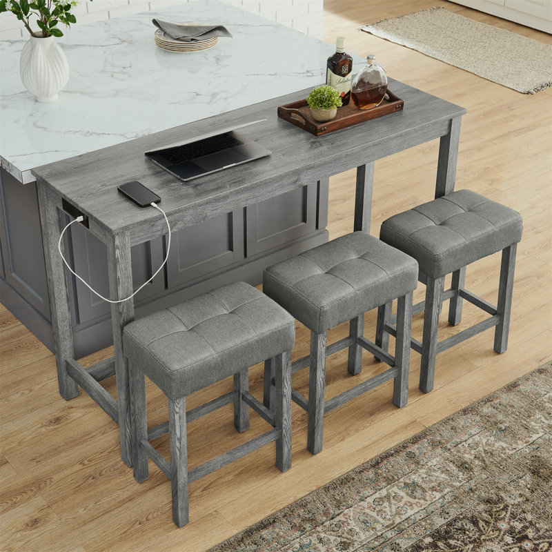 Bar Sofa Table With Power Outlet, 4 Piece Bar Table And Chair Set With Upholstered Stools, Gray, Gray/Gray