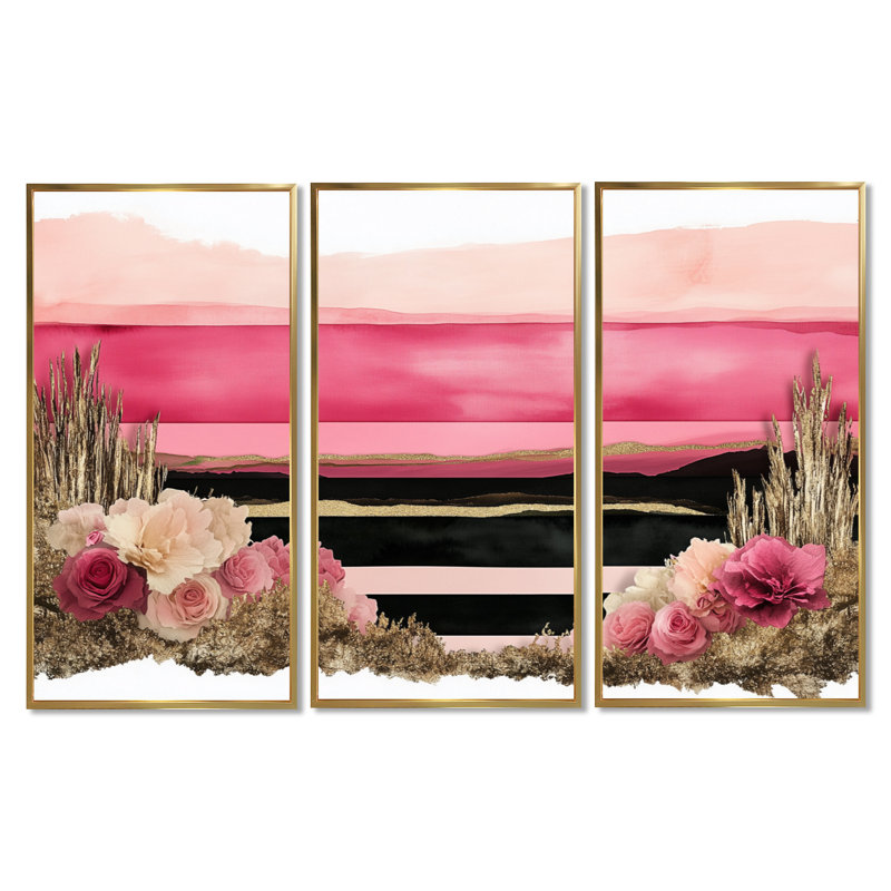 «Pink Dawn in Quiet Lines I», ensemble d'art mural encadré paysage coucher de soleil 3, H 40 po x l 60 po