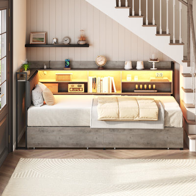 Corner Bed Frame with Bookcase Storage and PU Upholstered, Twin Daybed with 2 Drawers and Charging Station