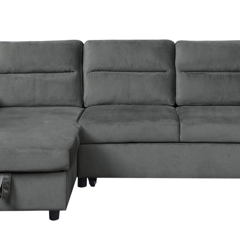 Canapé-lit modulaire en velours réversible avec méridienne de rangement et poche latérale, Gris foncé