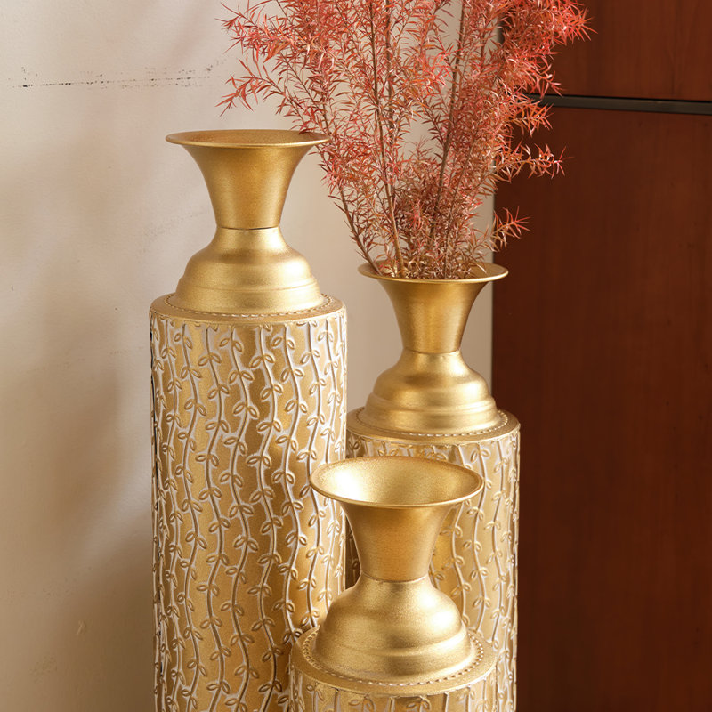 Ensemble de grands vases de sol or et blanc, ensemble de 3 vases de plancher en métal doré