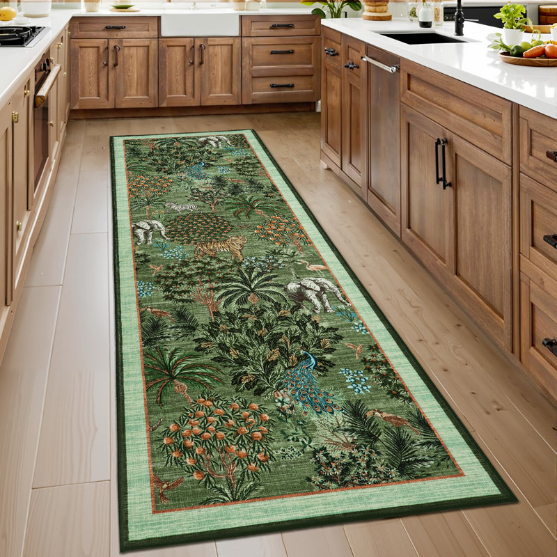 Rectangle Animal Print Washable Area Rug, Green, Rectangle 80 x 150 cm