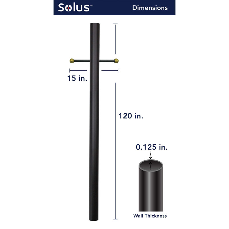 Solus 7, 8, or 10 ft. Direct Burial Hardwired Lamp Post with Decorative Cross Arm, Black, 120" H x 3" W x 3" D